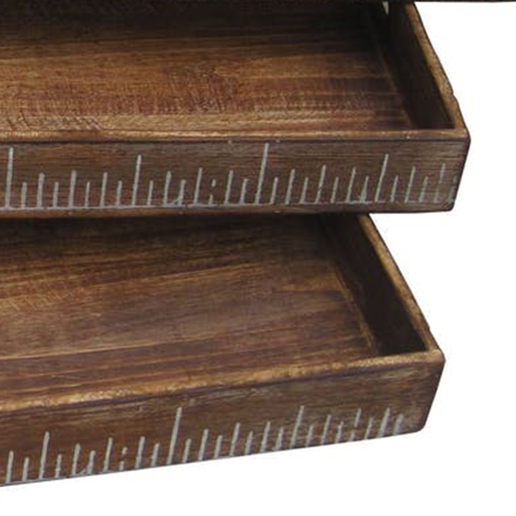 Wooden Tray with Grain Details and Cut Out Handles, Set of 3, Brown - View 2
