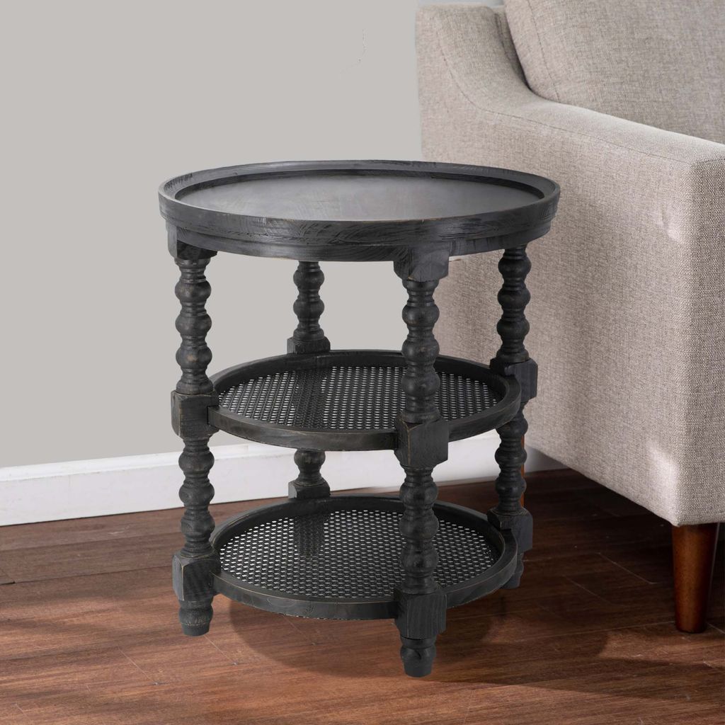 Jake 25 Inch 3 Tier Side Table, Fir Wood, 2 Woven Wicker Shelves, Black - View 7