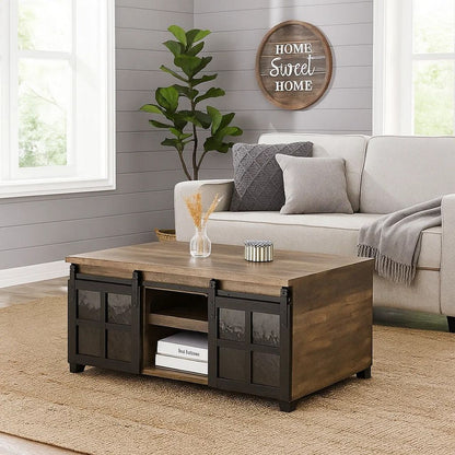Coffee Table with 2 Barn Sliding Glass Doors and Pull Out Tray, Brown - View 7