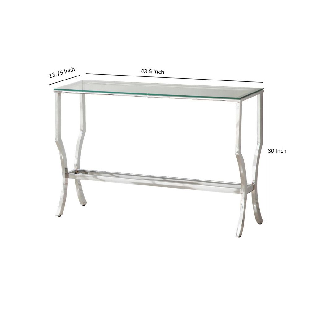 Glass Top Sofa Table with Metal Frame and Mirror Shelf, Chrome - View 5