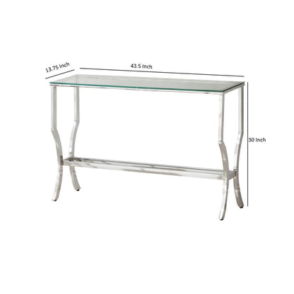 Glass Top Sofa Table with Metal Frame and Mirror Shelf, Chrome - View 5