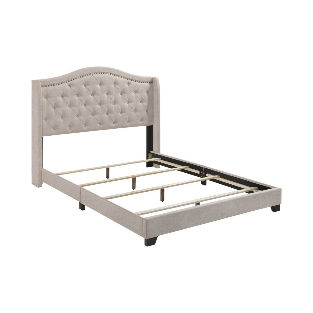 Queen Size Bed, Beige Fabric Upholstered, Camel Back, Button Tufted - View 2