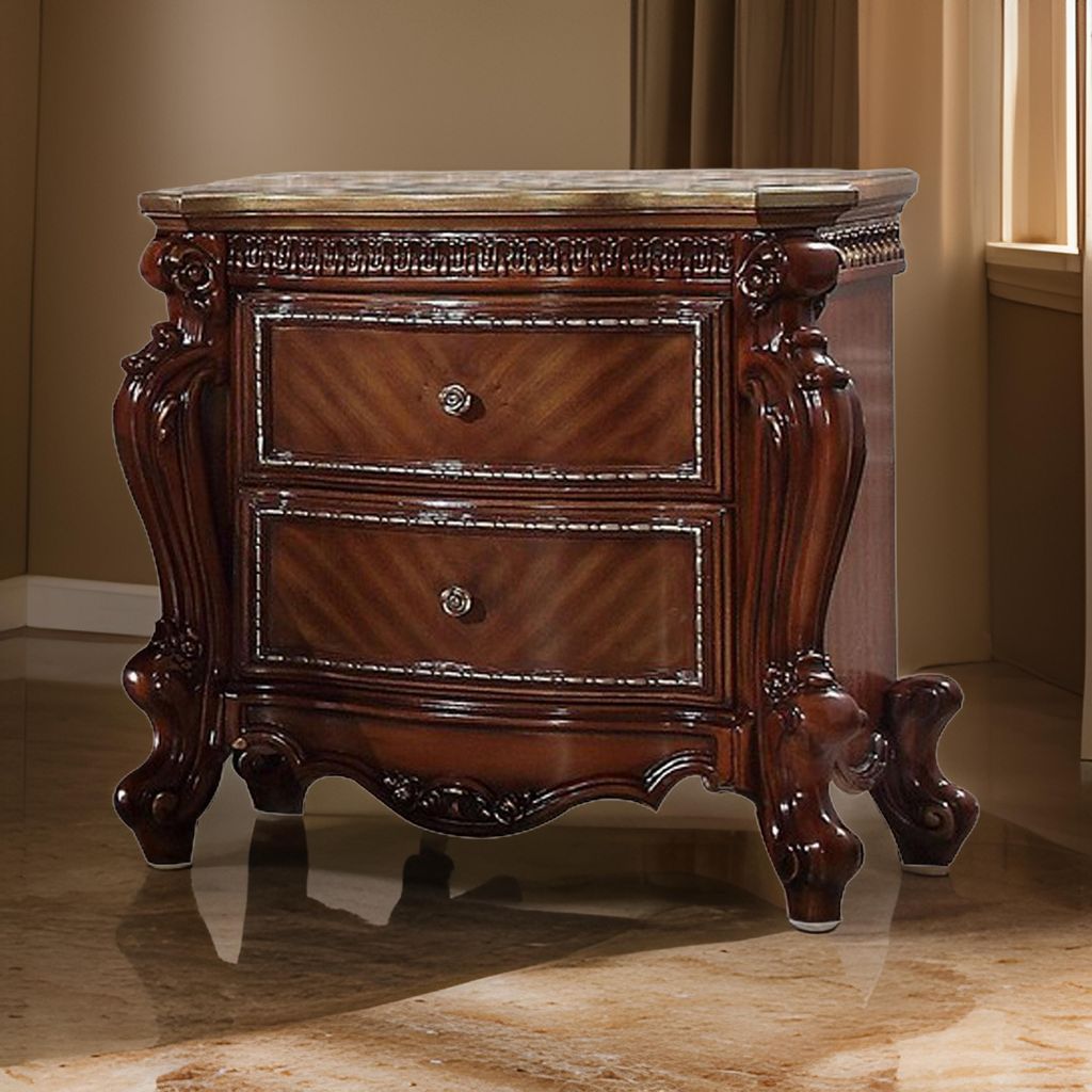 2 Drawer Wooden Nightstand with Metal Knobs and Carved Details, Brown - View 7