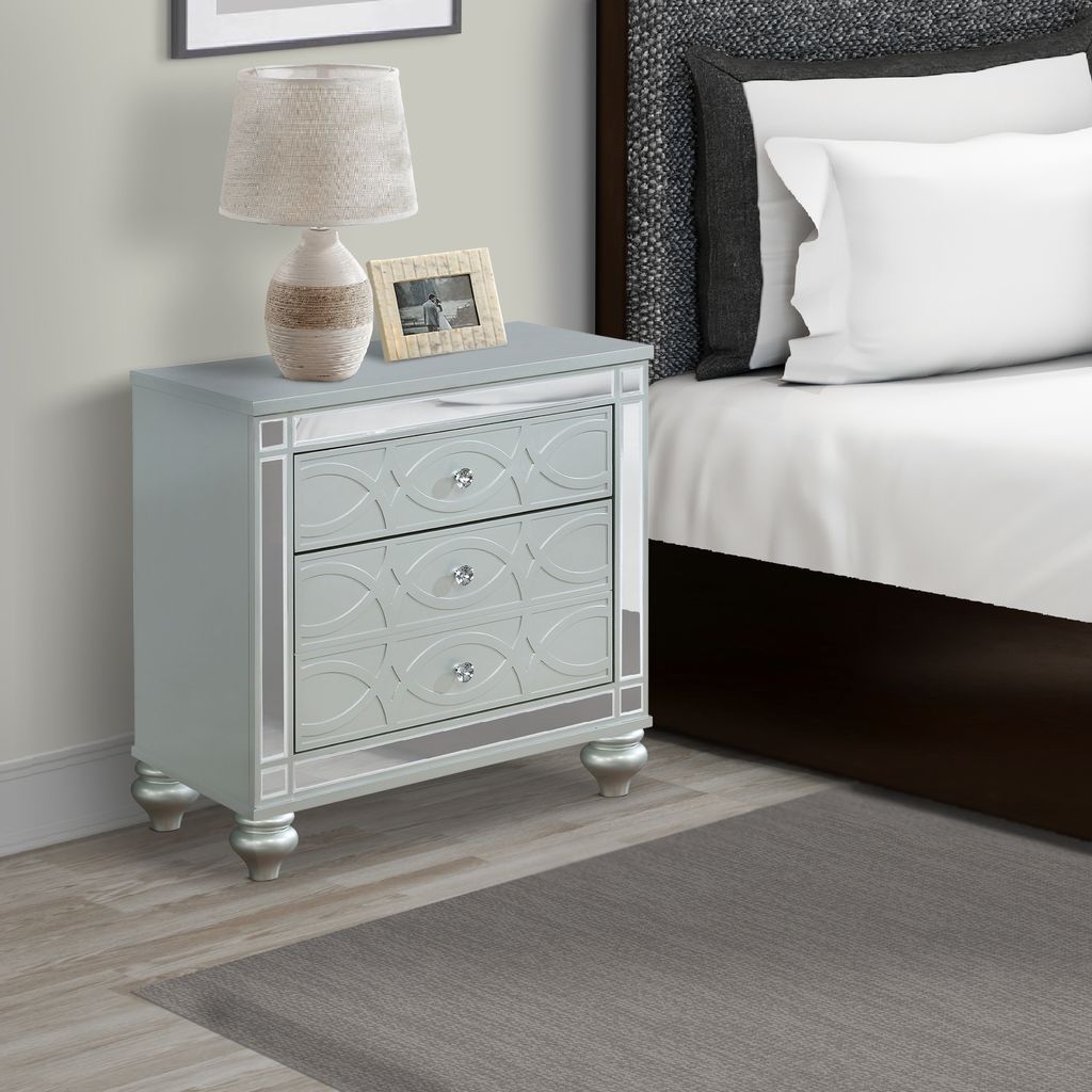 Gina 29 Inch Modern Glam Nightstand, Round Crystal Knobs, USB Ports, Silver - View 6