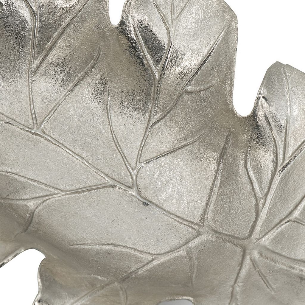 22 Inch Modern Decorative Tray, Oak Leaf Design Striking Silver Metal Frame - View 4