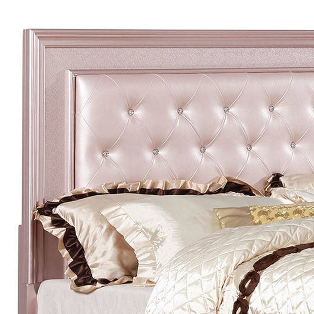Contemporary Queen Size Wooden Bed With Mirror Trim Details, Pink - View 5