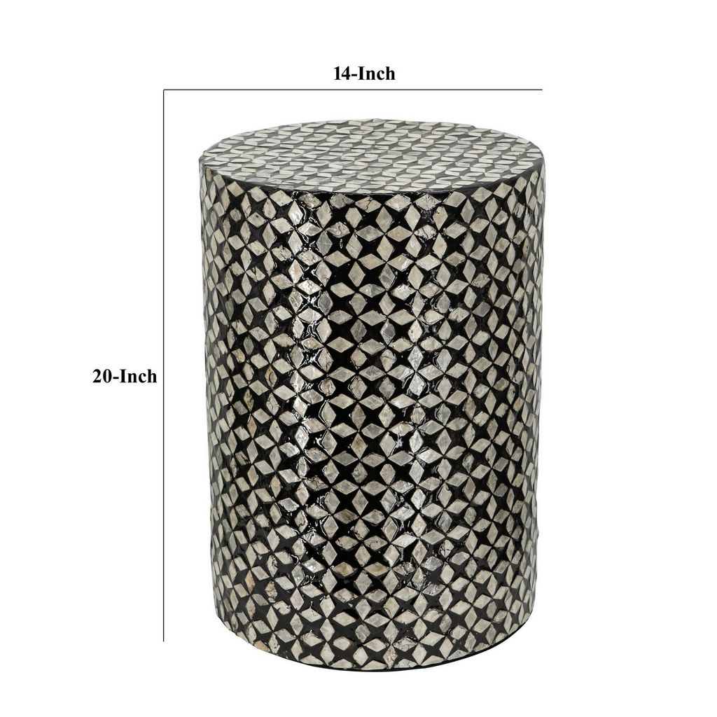20 Inch Capiz Accent Stool Table, Cylindrical Geometric, Silver, Black - View 5