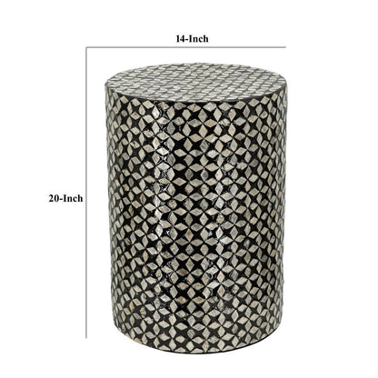 20 Inch Capiz Accent Stool Table, Cylindrical Geometric, Silver, Black - View 5