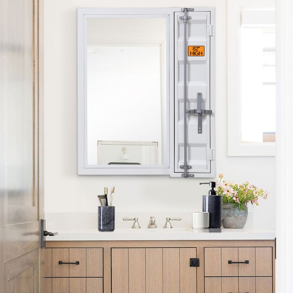Industrial Style Metal Vanity Mirror with Recessed Door Storage, White - View 7