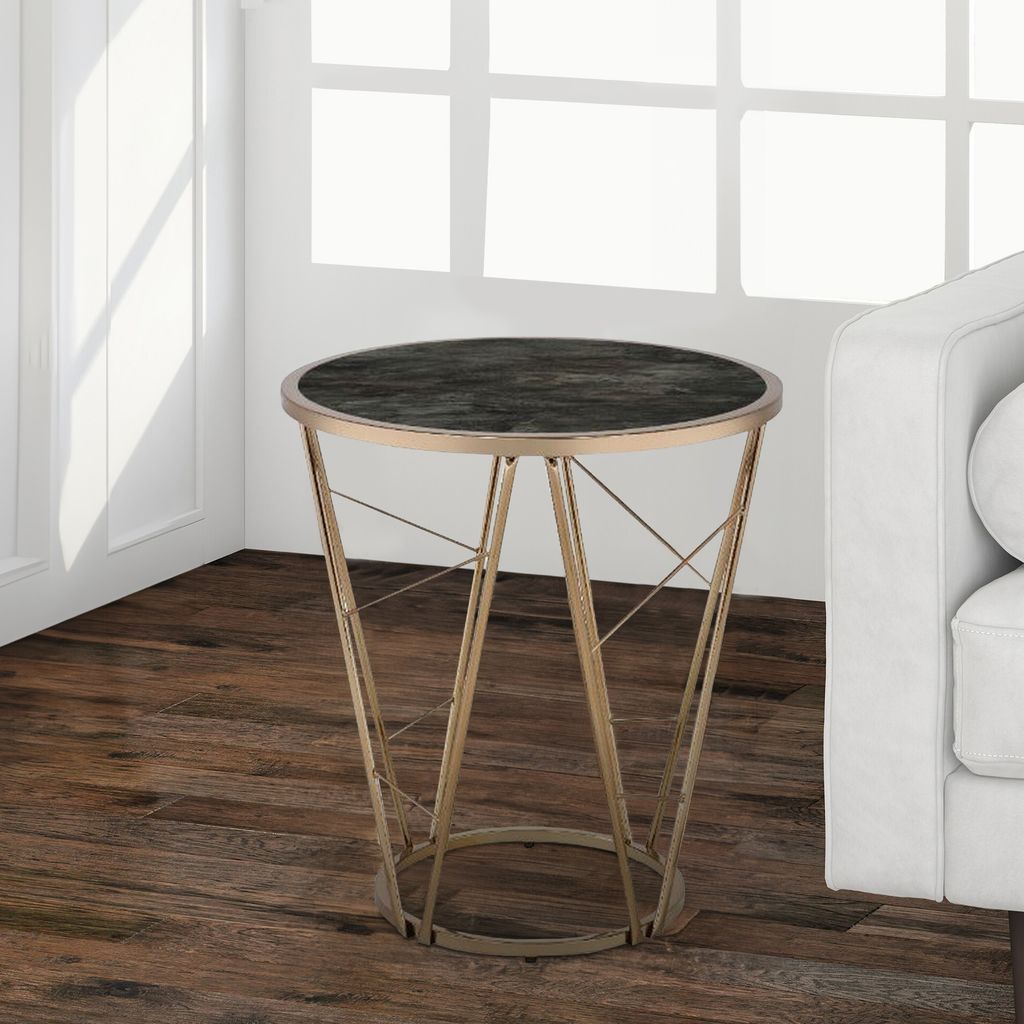End Table with Glass Top and Geometric Frame, Black and Gold - View 7