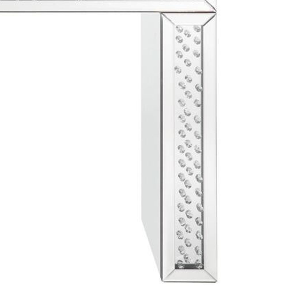 Mirror Accented Wood And Glass Vanity Desk With Faux Crystal Inlay, Silver - View 3