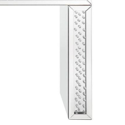 Mirror Accented Wood And Glass Vanity Desk With Faux Crystal Inlay, Silver - View 3