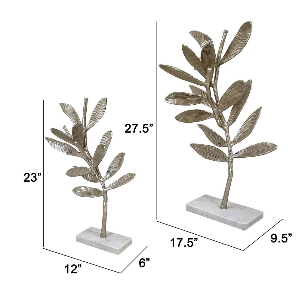 28, 23 Inch Set of 2 Metal Statuettess, Decorative Accent Olive Tree, White - View 5