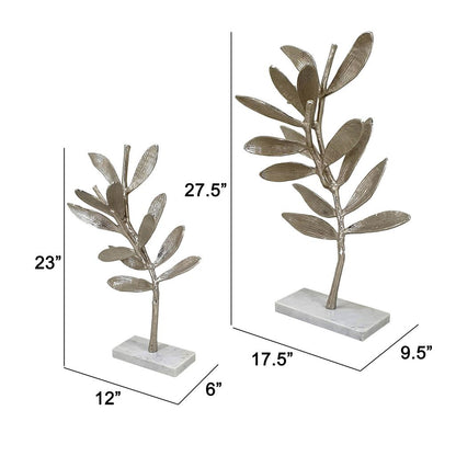 28, 23 Inch Set of 2 Metal Statuettess, Decorative Accent Olive Tree, White - View 5