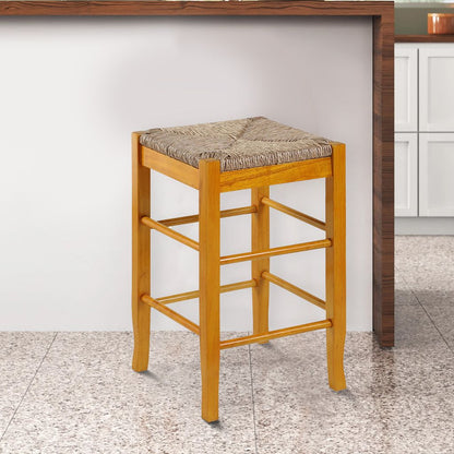 Chris 24 Inch Counter Stool with Wood Frame, Handwoven Rush Seat, Oak Brown - View 7
