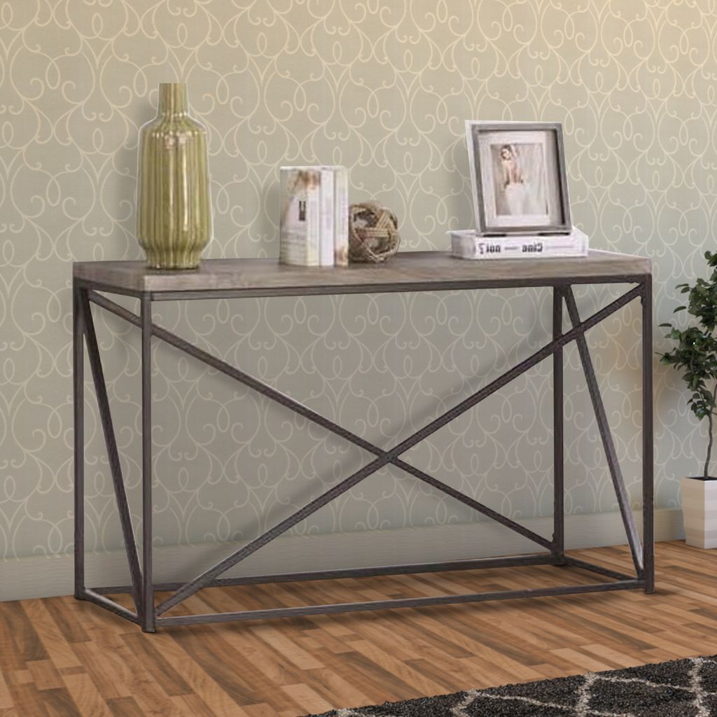 Industrial Style Minimal Sofa Table With Wooden Top And Metallic Base, Sonoma Gray - View 7