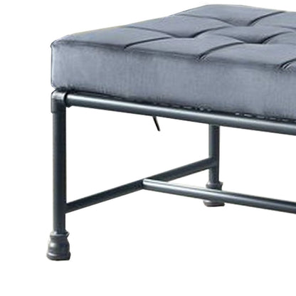 Bench with Button Tufted Seat and Pipe Style Metal Frame, Gray - View 5