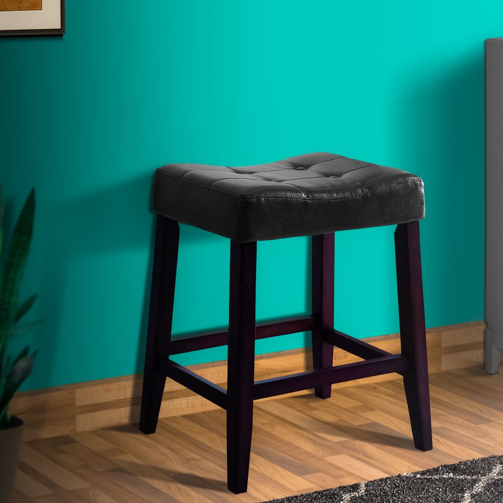Wooden Stools with Saddle Seat and Button Tufts, Set of 2, Black and Brown - View 6