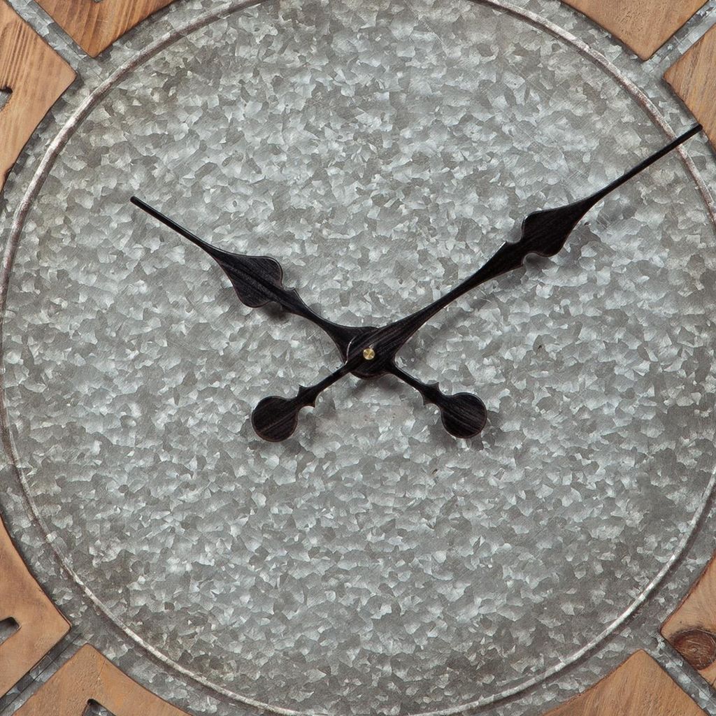 Round Wooden Frame Wall Clock with Metal Accents, Brown and Gray - View 2