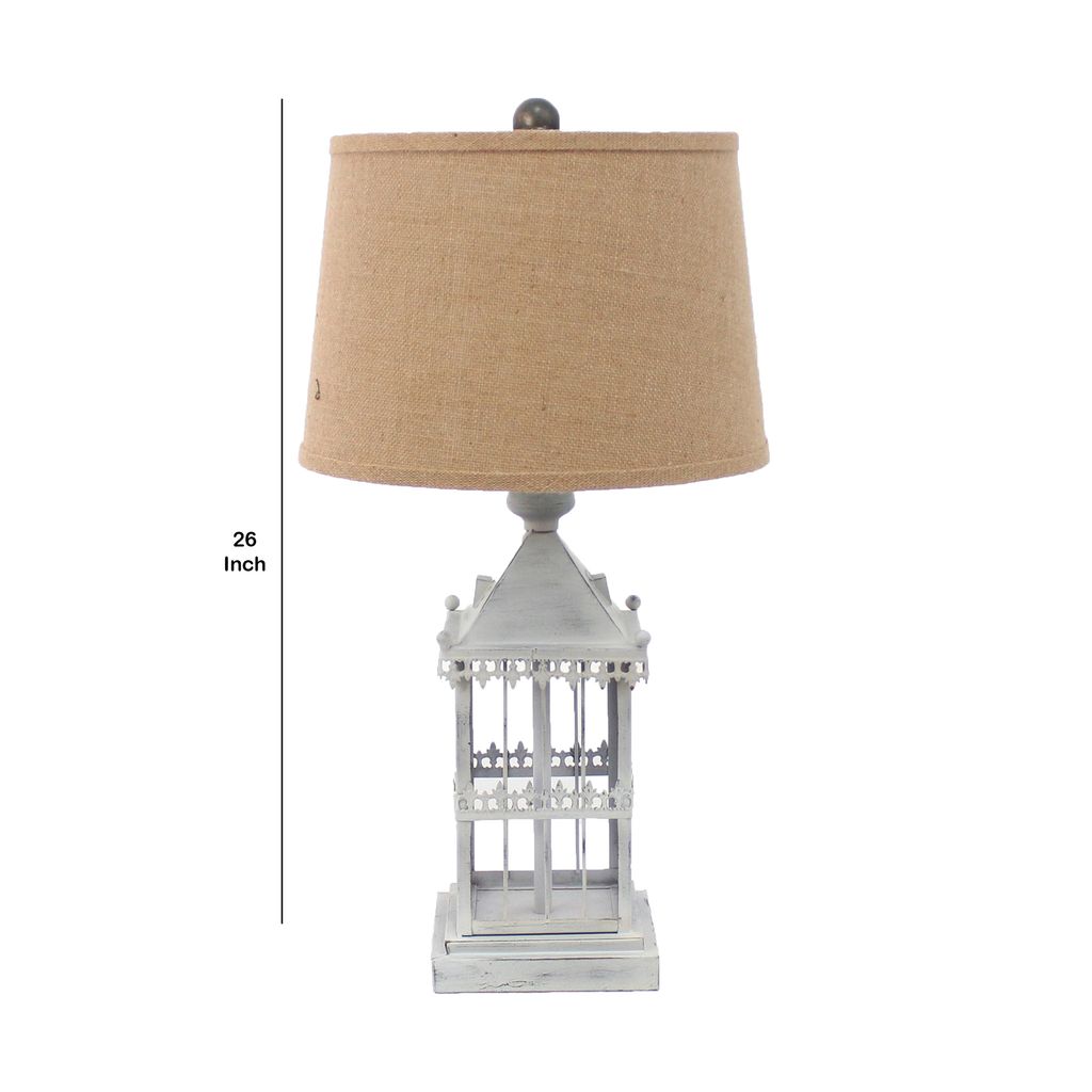 Metal Temple Design Base Table Lamp with Fabric Shade, Beige and Gray - View 5
