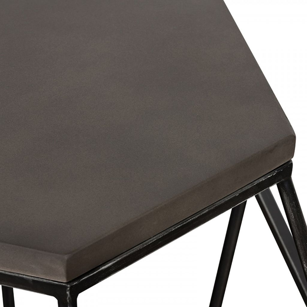 Hexagonal Concrete End Table with Metal Base, Gray and Black - View 3
