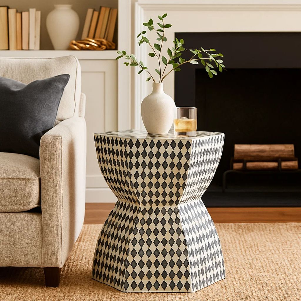 17 Inch Modern Hexagonal Table Stool, Capiz Inlaid Platform, White, Black - View 7