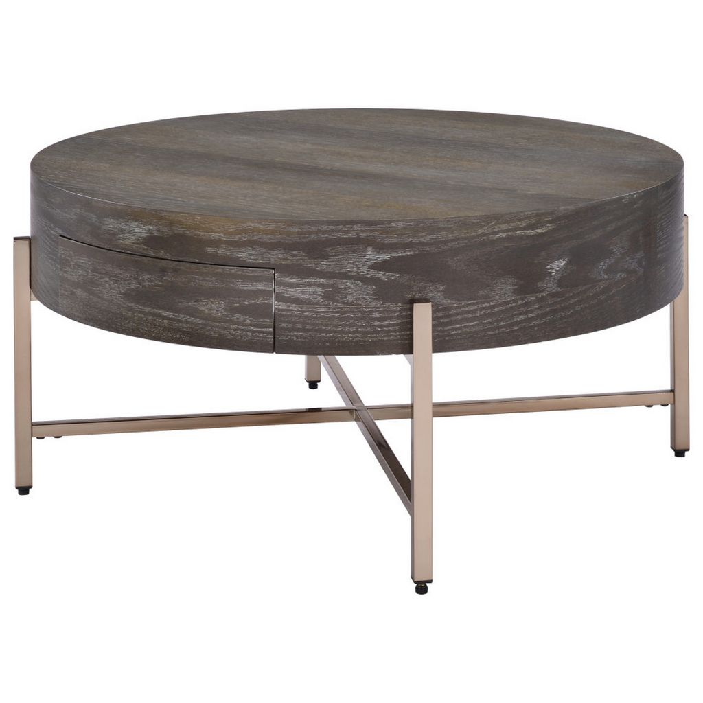 1 Drawer Round Modern Coffee Table with Crossed Metal Legs, Brown and Gold - View 2
