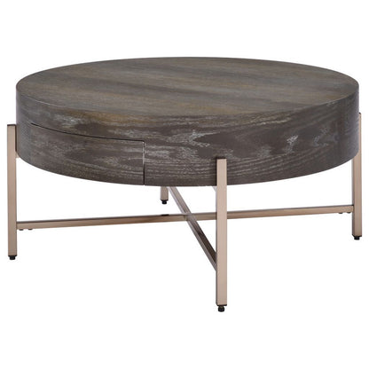 1 Drawer Round Modern Coffee Table with Crossed Metal Legs, Brown and Gold - View 2