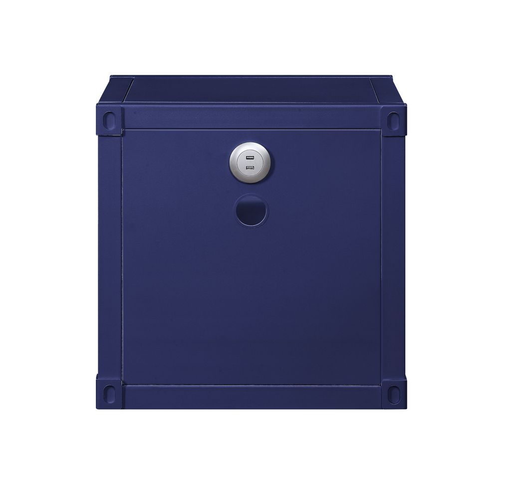 Metal Nightstand with 2 Open Compartment and USB Port, Blue - View 4