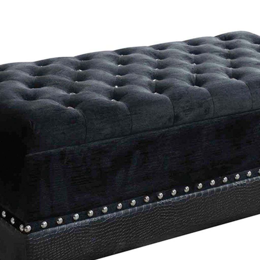 Leatherette Storage Bench with Nailhead Trims and Button Tufted Seat, Black - View 3