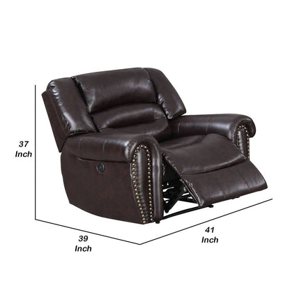Nailhead Trim Leatherette Power Recliner, Brown - View 5