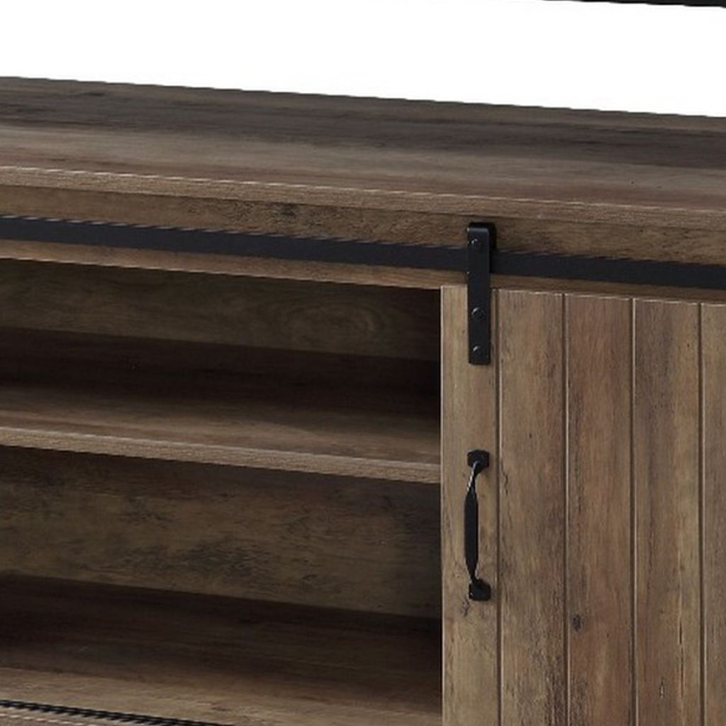 TV Stand with 2 Sliding Barn Doors and Tubular Frame, Oak Brown - View 5
