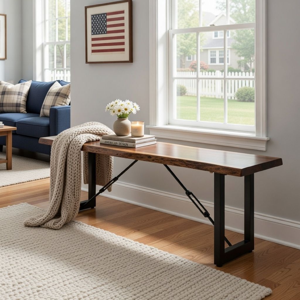 Rectangular Metal Frame Bench with Wooden Seat, Black and Brown - View 7