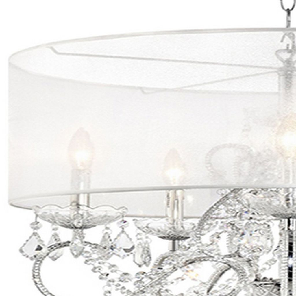 32 Inch Ceiling Lamp with Hanging Crystals, Round Canopy, Silver - View 2