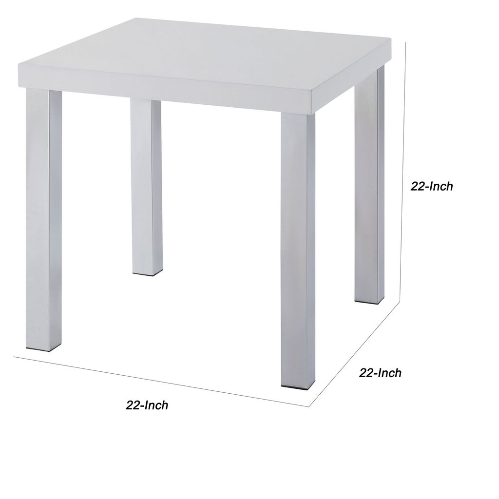 Square Wooden End Table with Straight Metal Legs, White and Chrome - View 5