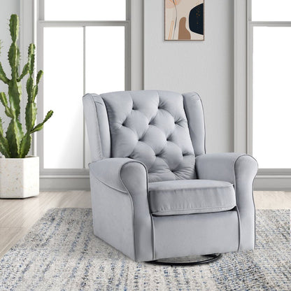 35 Inch Accent Swivel Chair, Glider, Tufted Back, Gray - View 7