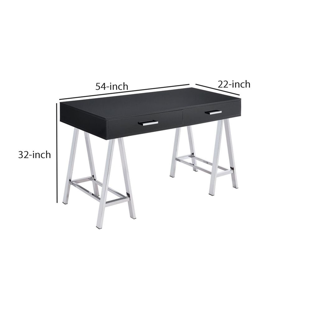 Writing Desk with MDF 2 Drawers and Metal Legs, Black and Chrome - View 6