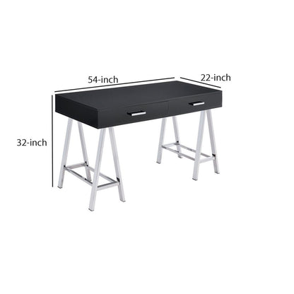 Writing Desk with MDF 2 Drawers and Metal Legs, Black and Chrome - View 6