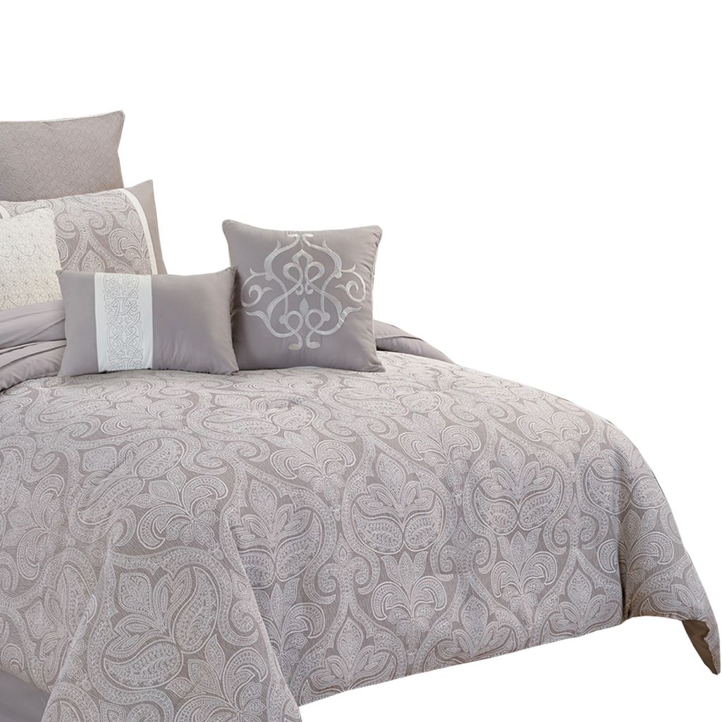 King Size 10 Piece Fabric Comforter Set with Medallion Prints, White - View 3