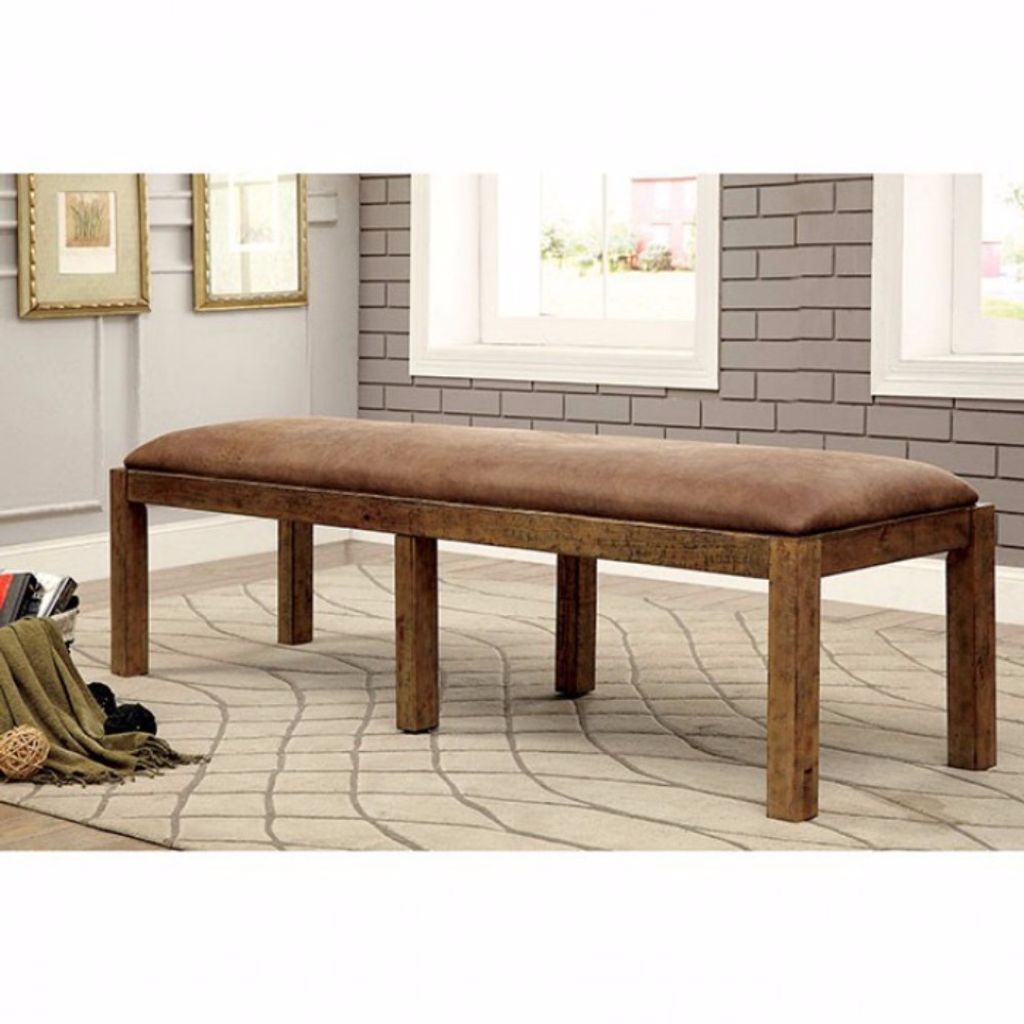 Rectangular Bench with Leatherette Padded Seat and Block Legs, Rustic Brown - View 6