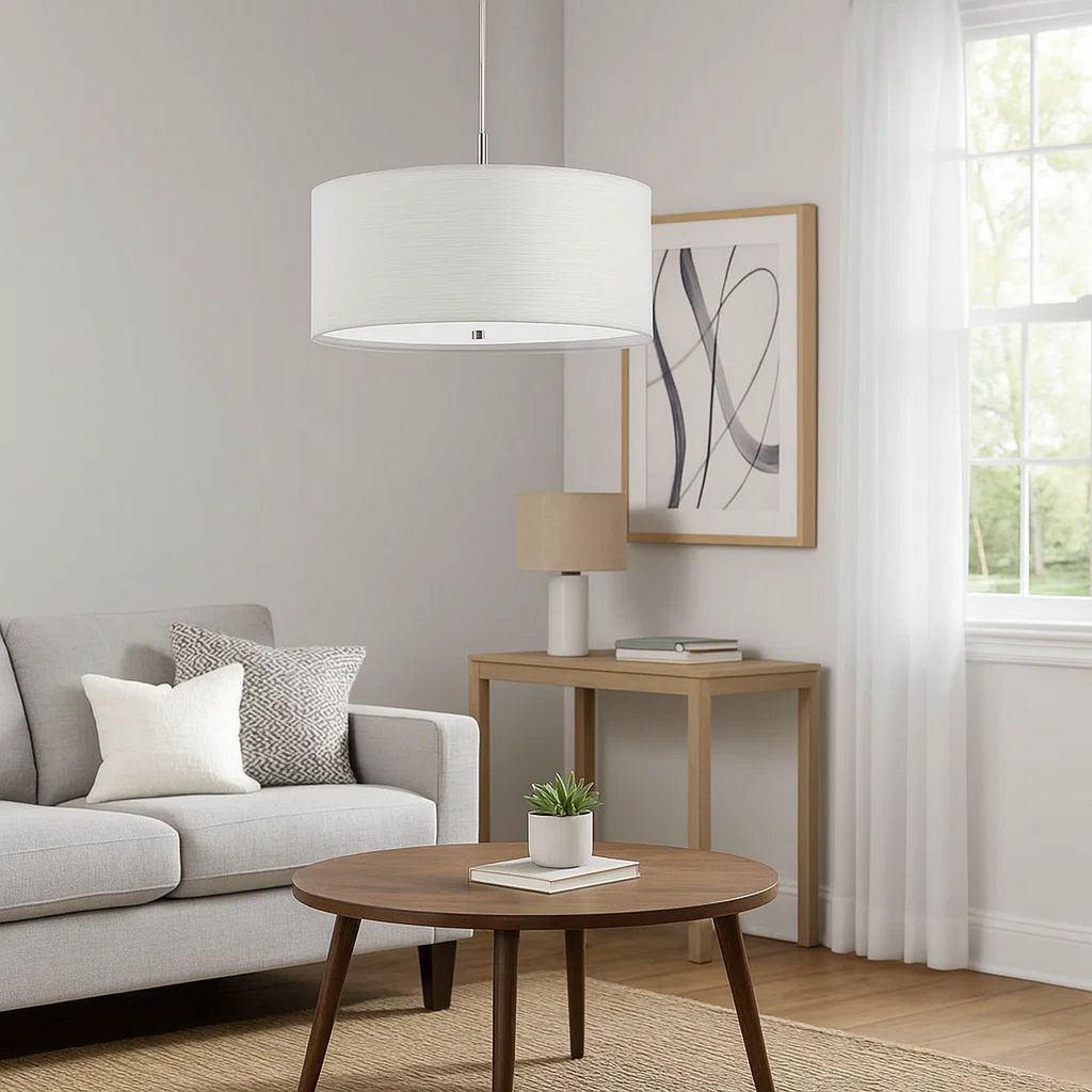 Drum Style Pendant Fixture with Fabric Shade and Brushed Details, White - View 7