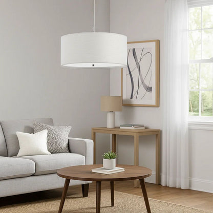 Drum Style Pendant Fixture with Fabric Shade and Brushed Details, White - View 7