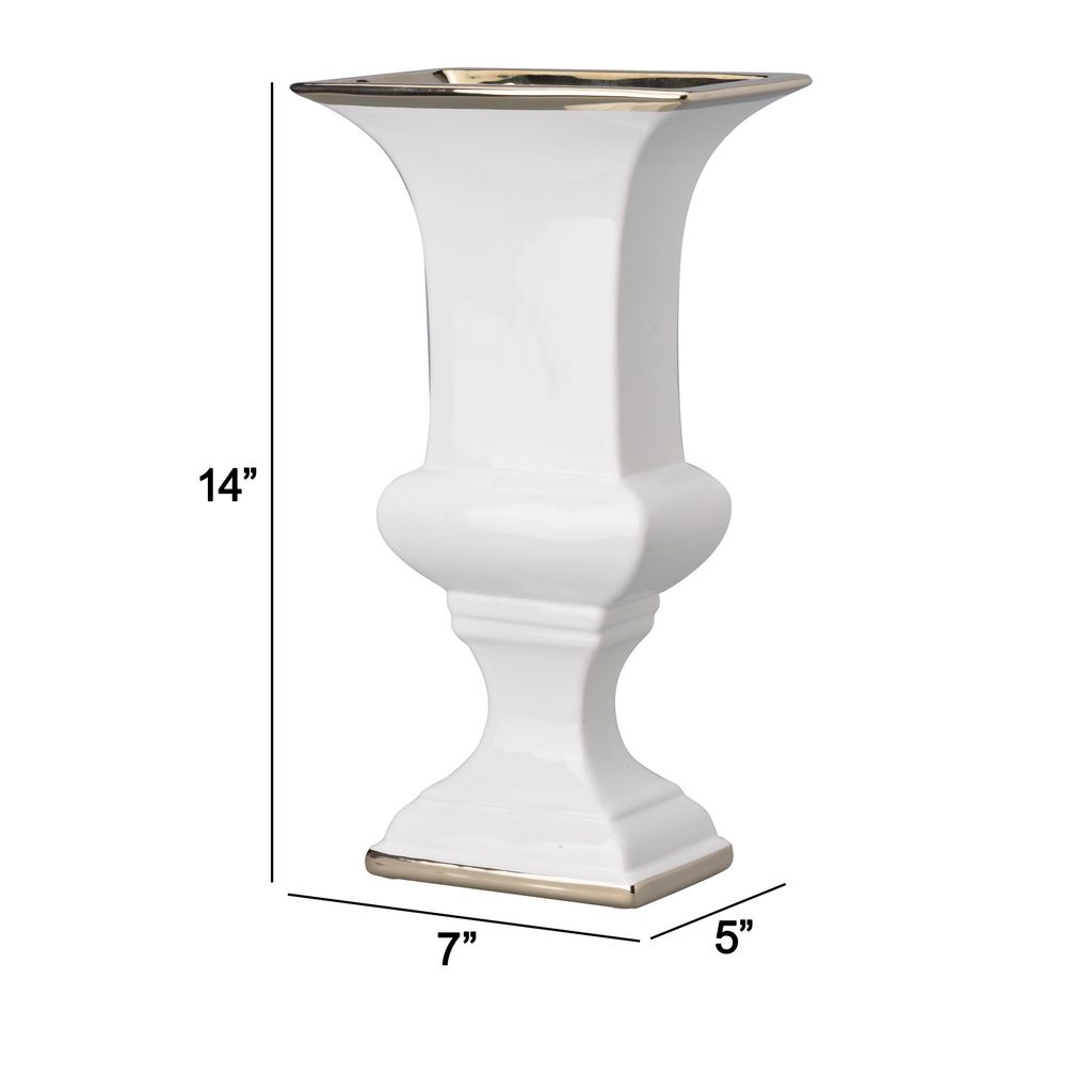 14 Inch Decorative Ceramic Vase, Artistic Turned Urn, White and Gold Rim - View 5