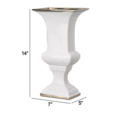 14 Inch Decorative Ceramic Vase, Artistic Turned Urn, White and Gold Rim - View 5
