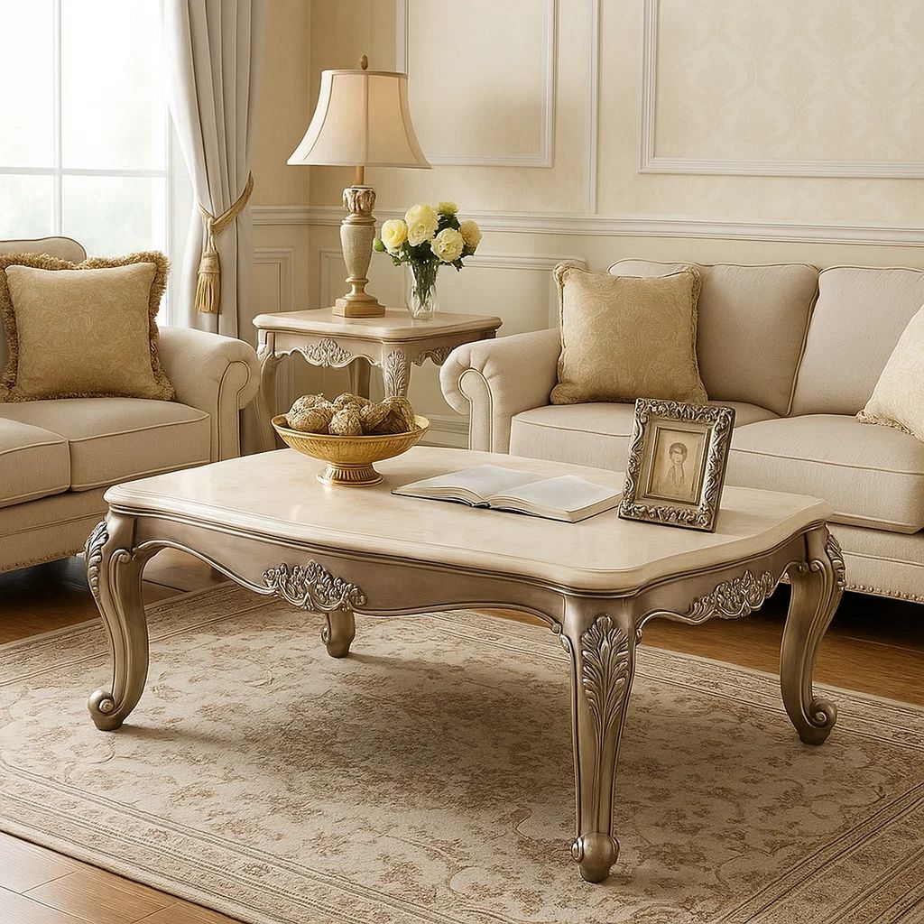 Faux Marble Top Engraved Wooden Frame Coffee Table, Off White and Gold - View 7