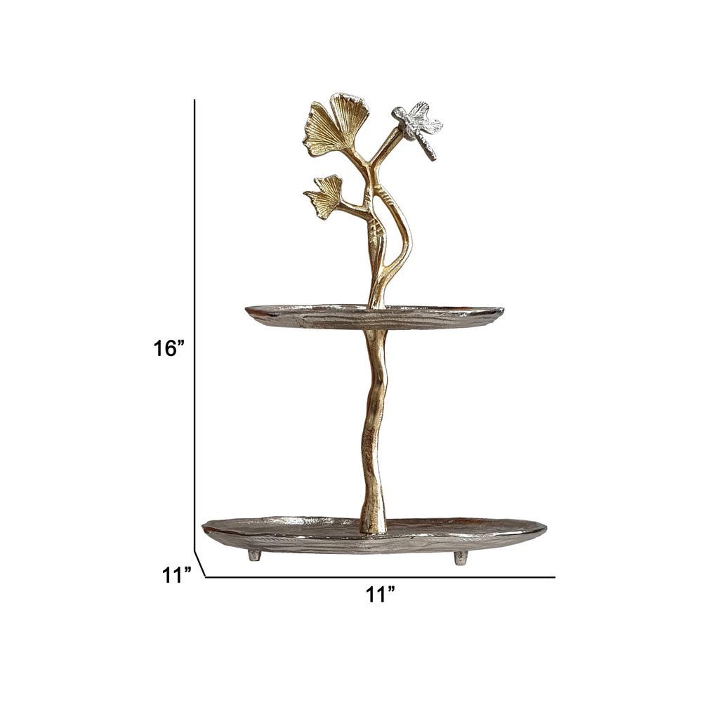 16 Inch Elegant Accent Table, 2 Tier Aluminum Cherry Blossom, Gold, Silver - View 5