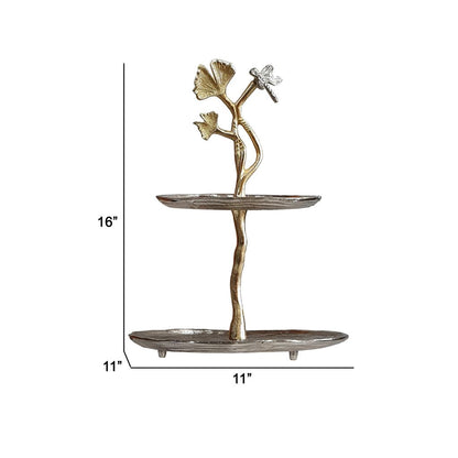 16 Inch Elegant Accent Table, 2 Tier Aluminum Cherry Blossom, Gold, Silver - View 5
