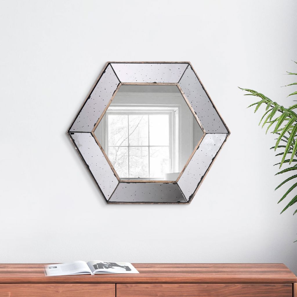 Filo 21 Inch Wall Accent Mirror, Raised Tray Edges, Hexagonal Mirror Frame - View 6