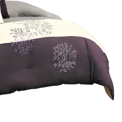 7 Piece Queen Polyester Comforter Set with Leaf Embroidery, Gray and Purple - View 5
