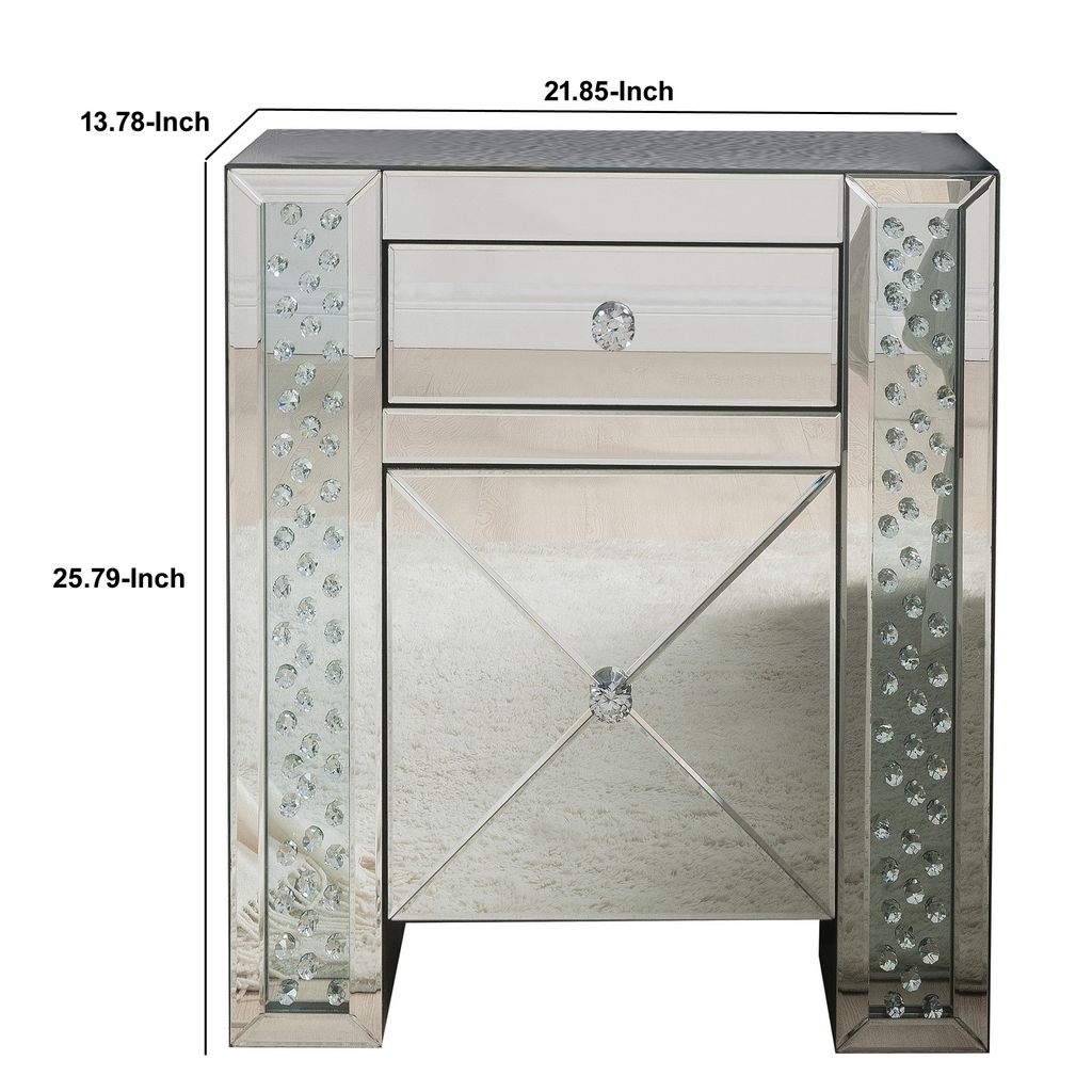 Wood & Mirror Nightstand with Crystal Inserts, Silver - View 5